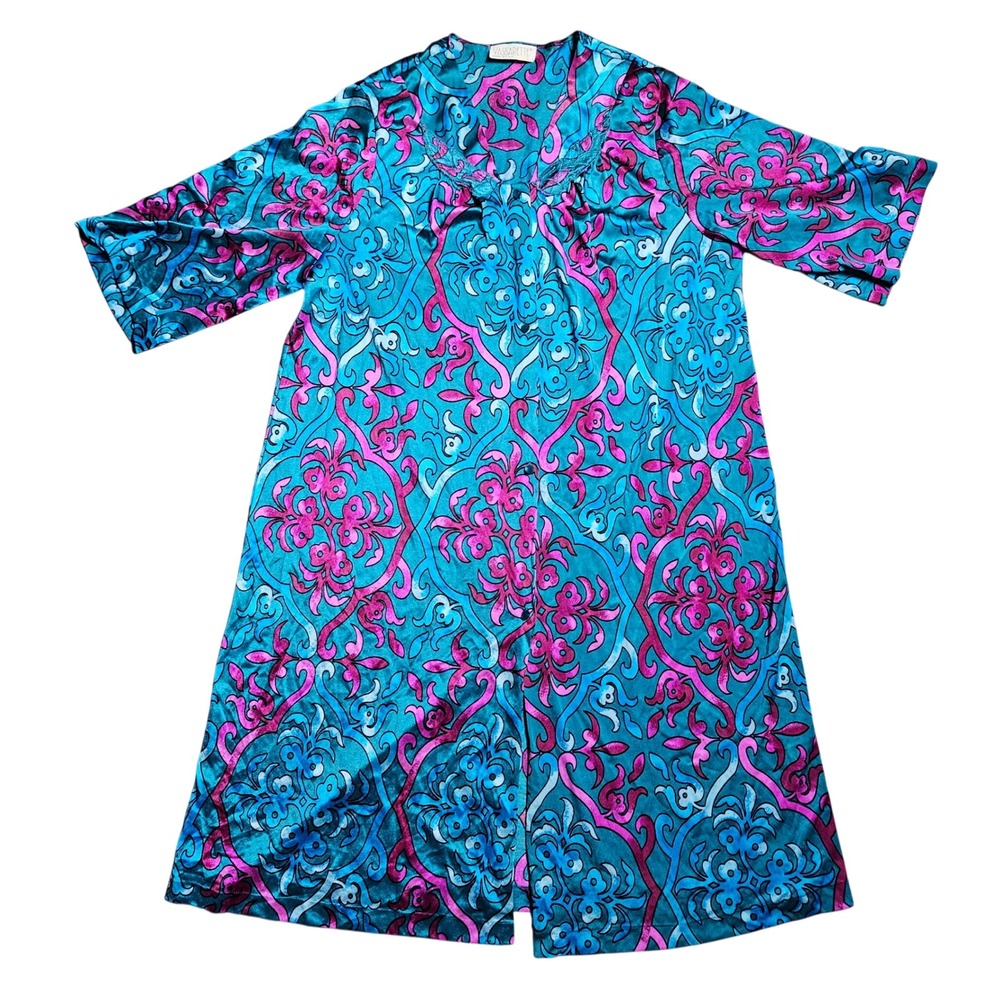 Vintage Vassarette Satin Nightgown L Button‎ Front Teal Pink Retro 80s 90s Glam